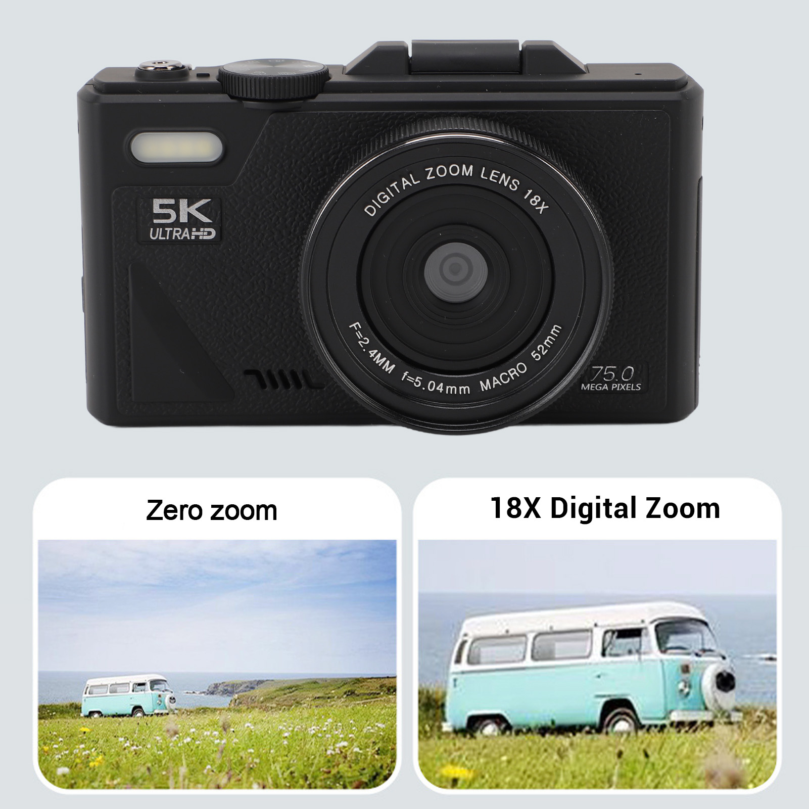 Speilfritt Digitalkamera 5K 75MP - 18x digital zoom - Bilde stabilisering - Autofokus - Qiilu