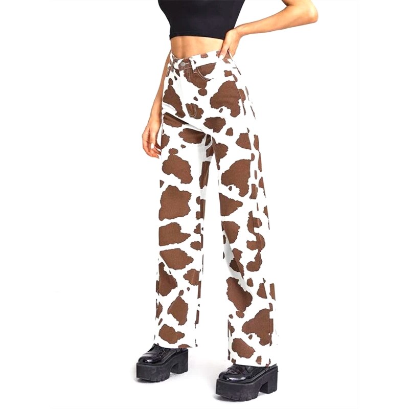 Pantalones vaqueros con estampado de vaca y leche para mujer, vaqueros de cintura alta, ajustados, rectos, informales, Harajuku: Castaño / M