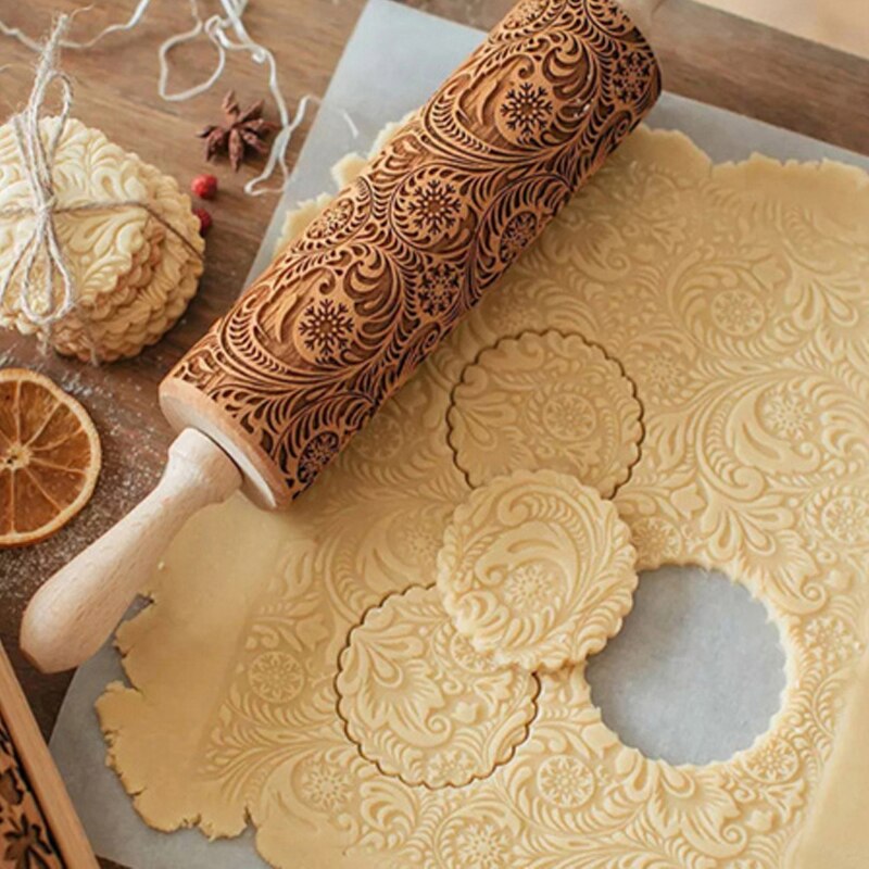 Reliëf deegroller kerstbloem hout gegraveerd bakkoekjes pinnen voor pizza klei pasta koekjesdeegroller