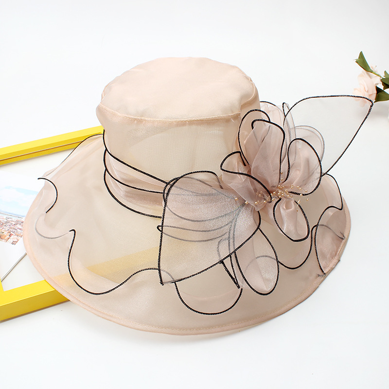 18 Color Ladies Summer Hat White Black Organza Church Fascinator Wedding Tea Party Derby Hats for Women Flower Wide Brim Sun Hat: Orange