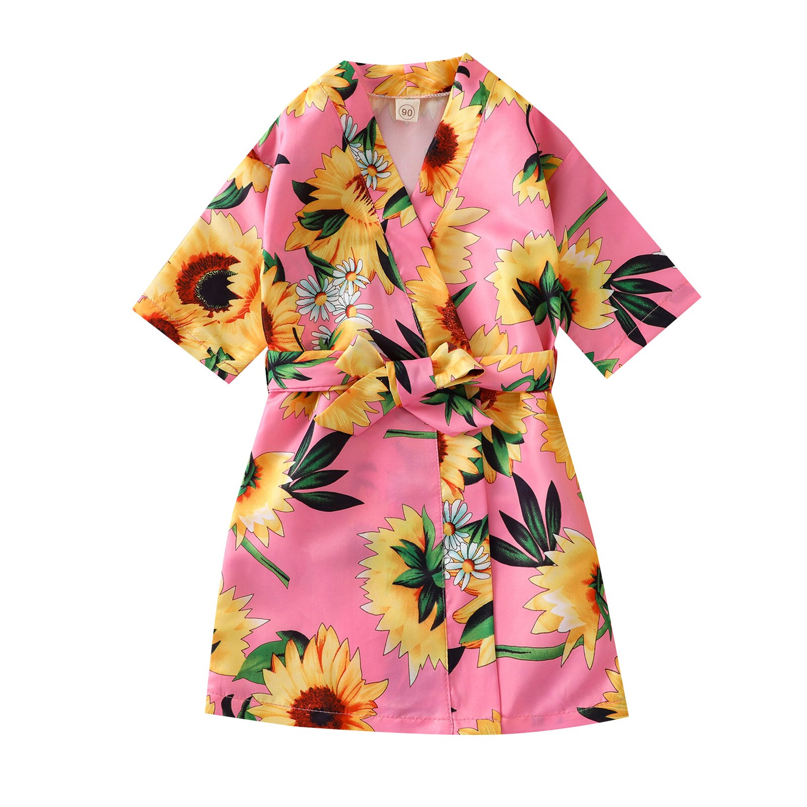 Roupão de girassol de verão 1-6 anos, camisola casual de mangas curtas para meninas: Rosa / 2T