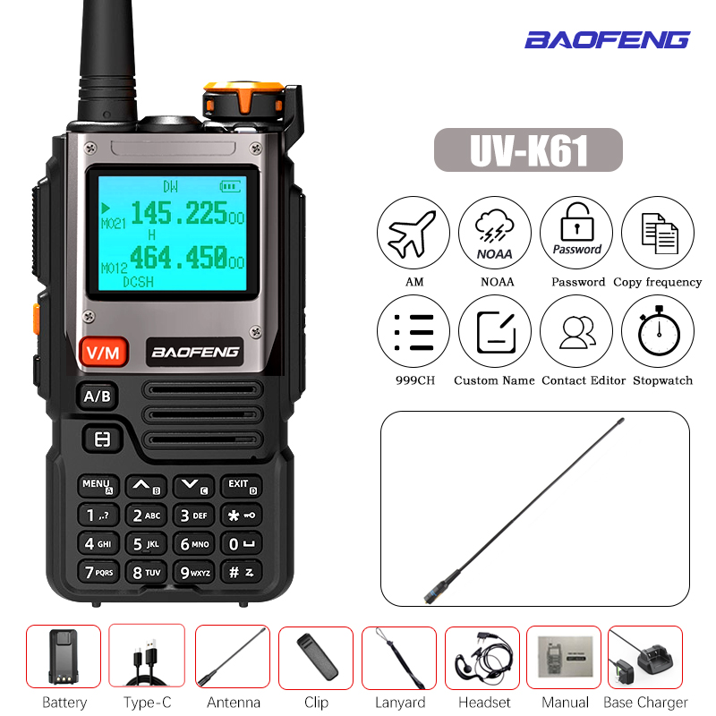 Baofeng-UV-K61 Walkie Talkie, Multi Band, Frequência de cópia sem fio, 999CH, carregador tipo C, UHF, VHF, NOAA, UV-5R, UV K6, K: green / American