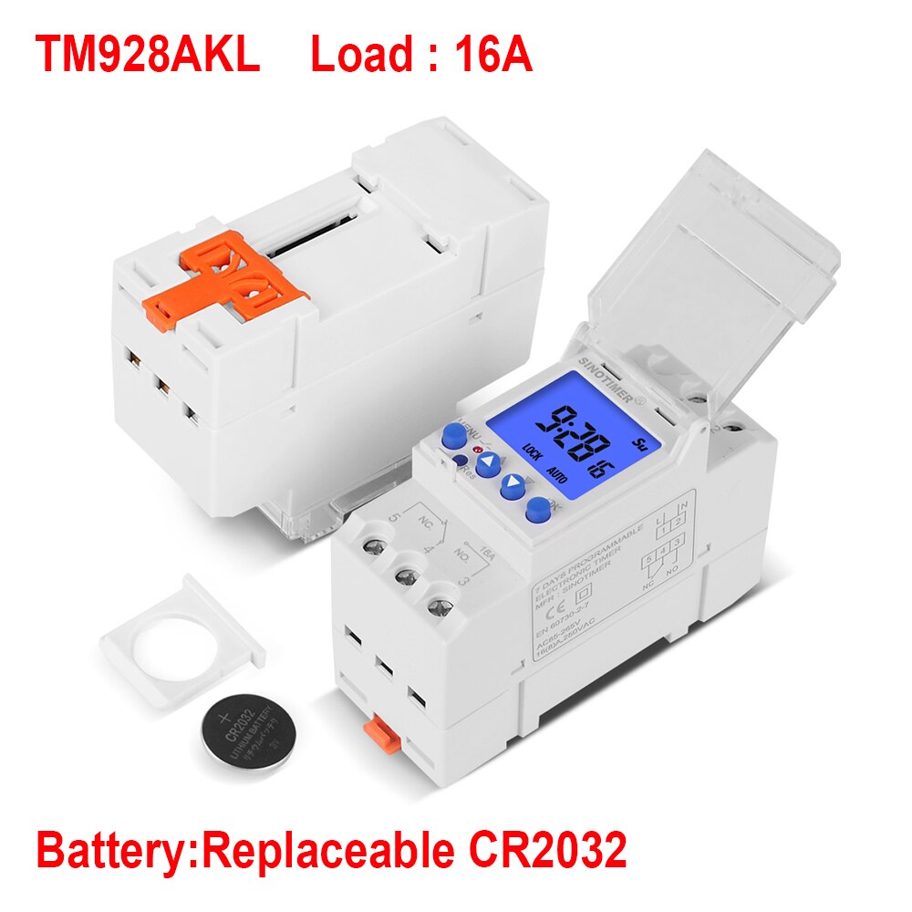 Super Big LCD Display Backlight Digital Weekly Programmer Universal 220V 110V Input 1NO + 1NC Cycle Time Controller DIN Rail: 16A