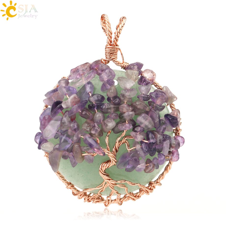 CSJA Natural Cabochon Stone Tree of Life Pendant Rose Gold Color Wire Wrap Chip Bead Wisdom Tree Healing Women Men Necklace G193: Green Aventurine