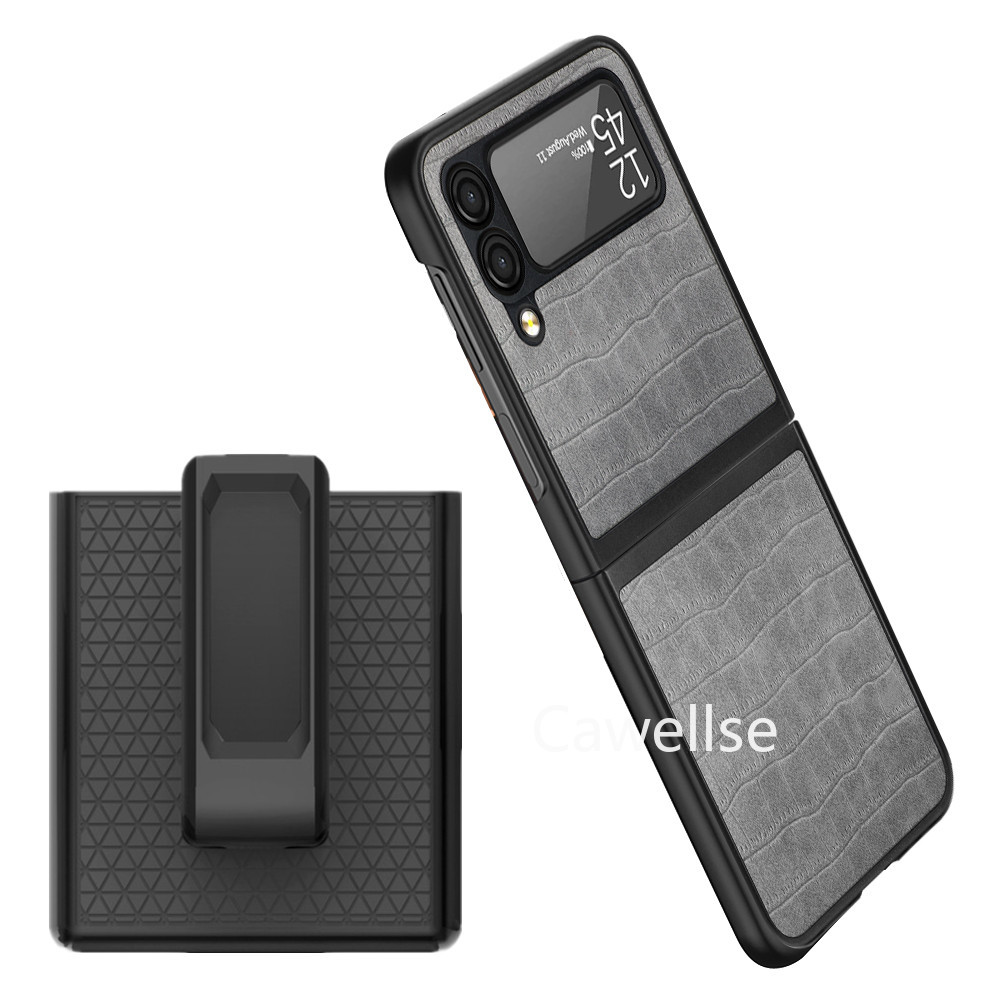 Belt Clip Holster phone Case for Samsung Galaxy Z Flip 3 5G Lychee Pattern Leather Stand Holder Slide Hip Holster Cover Z Flip3: D139-Crocodile gray