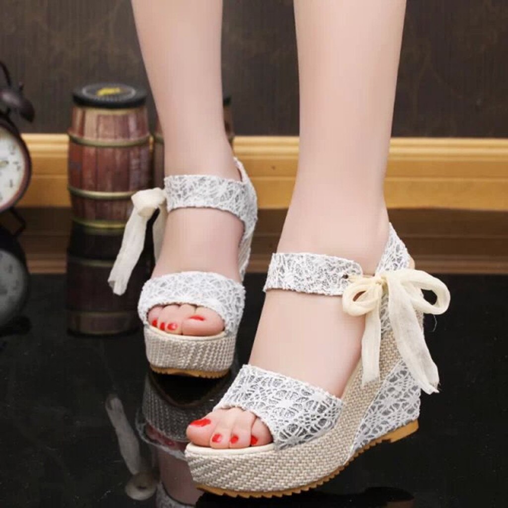 Kobiety moda lato platforma sandał na koturnie kostki pasek kwiat sznurowane buty obuwie Party szpilki Chaussures Zapatos De Mujer