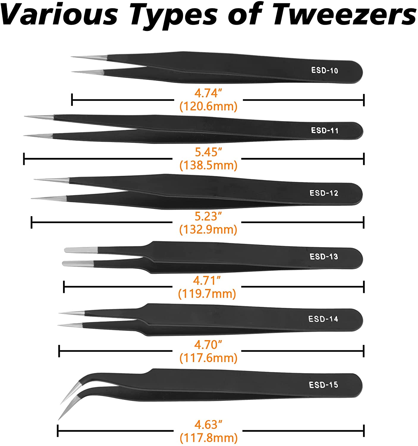 ESD Tweezers Tools Kit Precision Anti-Static Stainless Steel Tweezers Hand Repair Tool For Soldering Electronics Craft Lab Home