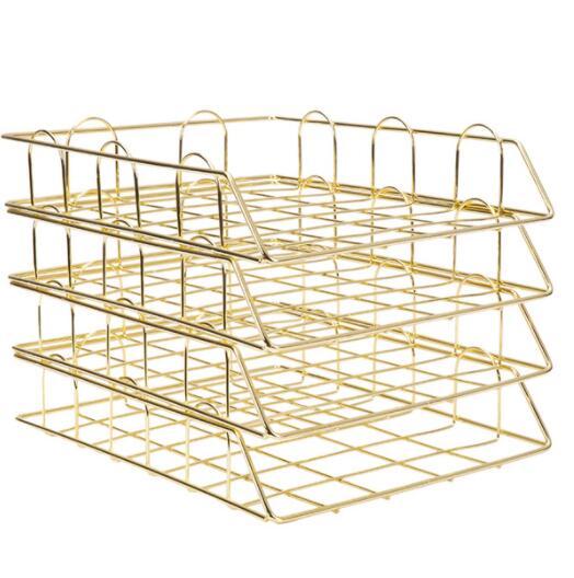 Gold Metal File Tray Desk Accessorie Magazine Holder Handmade Overlayabl File Office Organizer Layering Paper Storage Paper Tray: 4 tray Light Gold