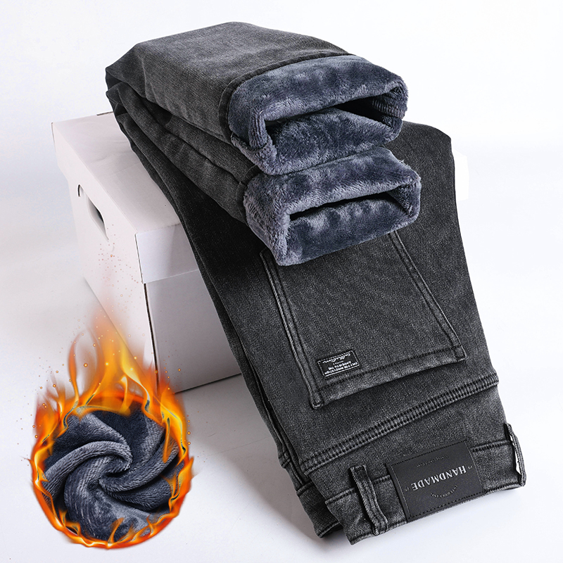 Winter Fleece Thick Warm Jeans Men's Slim Straight Elastic Denim Pants Casual Male Clothing Plush Trousers