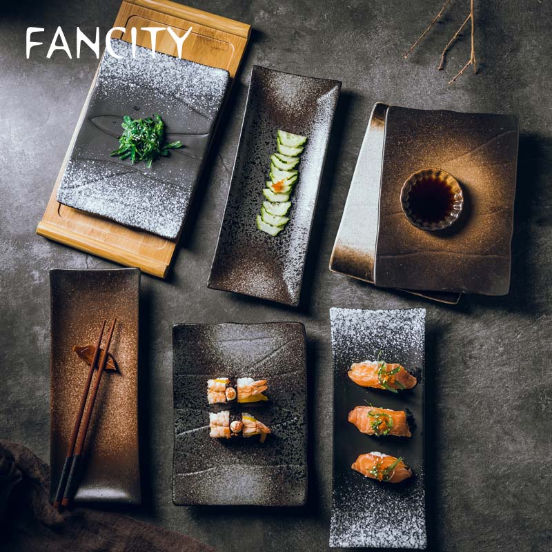 FANCITY Japanese-style rectangular ceramic plate cuisine sushi plate Flat fish plate Saury long plate dish