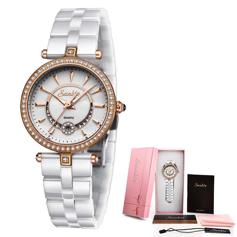 Sunkta quartz kvinder ure keramik ure kvinder top luksus mærke dame boutique armbånd ur kvinde ur reloj de dama: Rose guld hvid