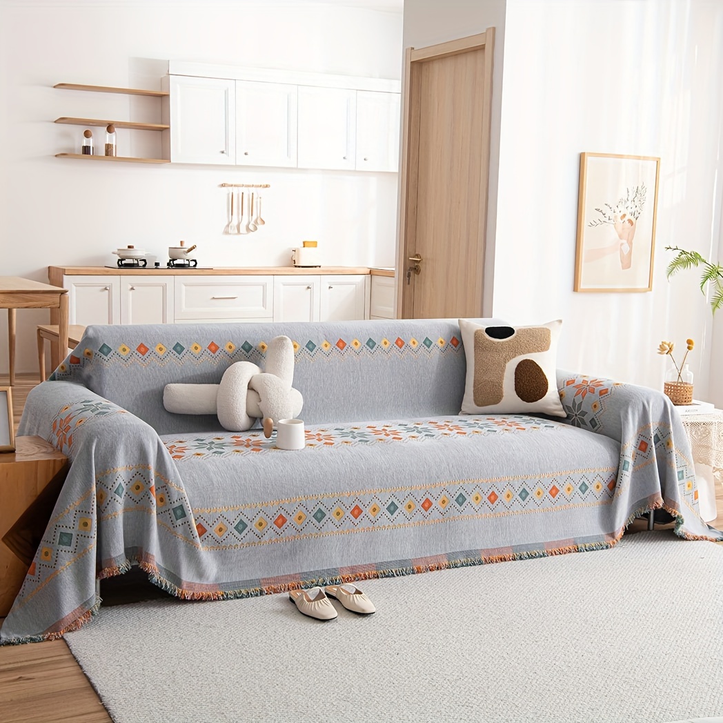 Een bankhoes in bohemien stijl, een gebreide, het hele seizoen, antislip, volledig bedekkende bankhoesdeken.