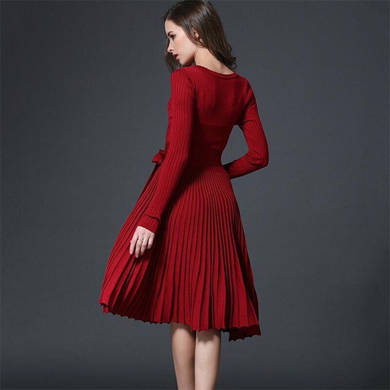 Women v neck pleated wrap a-line knitted dress bow tie sashes long sleeve female Autumn Spring mid calf vestidos B