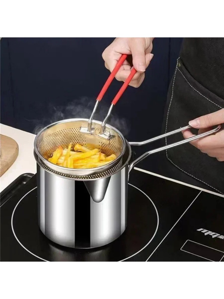 stainless steel fryer with French fries and chicken wings, household small oil pot with filter screen, Tianfu Luo pot