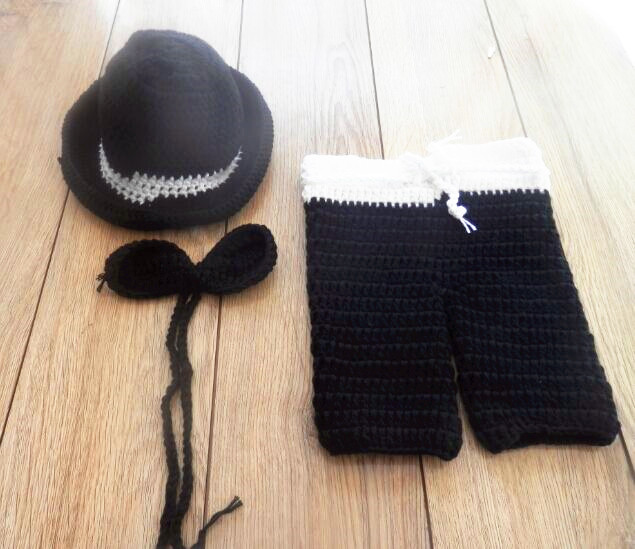 Spedizione gratuita, baby black top-hat , baby boys Gentleman Crochet cappelli, papillon e set di pantaloni, neonato foto Prop dimensioni: 0-1m,3-4m