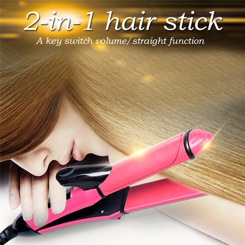 2 in 1 Pink Electric Straightening Iron & Curling Iron Hair Curler Hair Straightener Flat Irons Ceramic