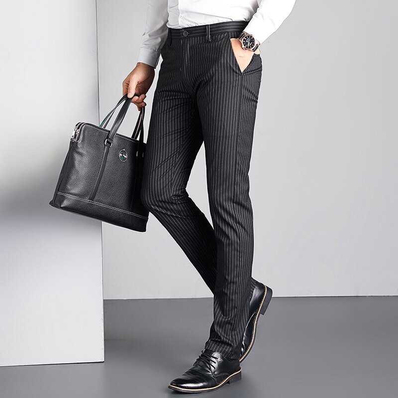 Mens Suit Pants Summer Men Striped Grey Dress Pants Man Business Office Classic Trousers Male Slim Fit Smart Casual Pants