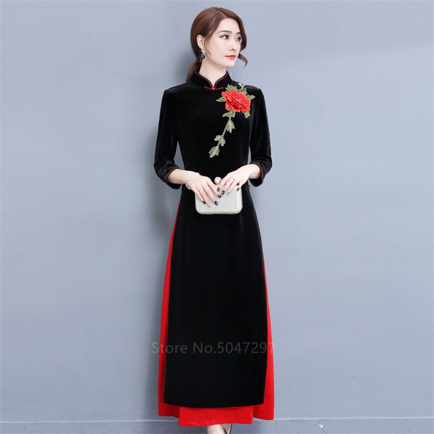 Traditionella kläder vietnam ao dai klänning för kvinnor tjejer bröllop cheongsam qipao sammet tight blomma broderi split klänning