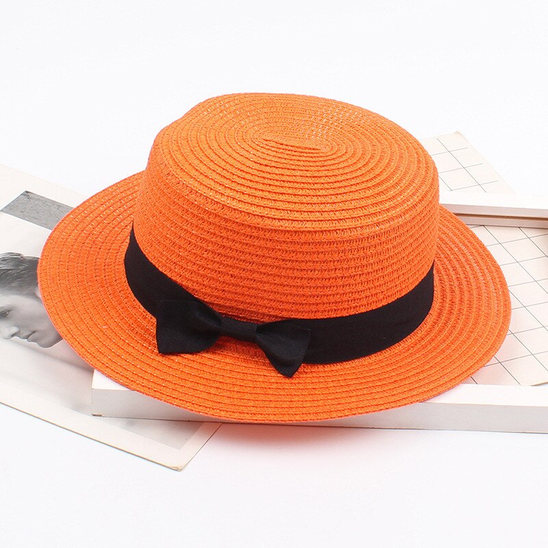 Bow Tie Straw Sun Hat Women Trilby Gangster Band Beach Cap Sun Hat Sun Protection Round Flat Top Beach Sun Hat Caps: Orange