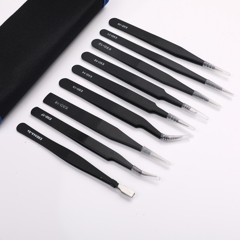 9 pçs esd pinças kit ferramentas precisão antiestático ponta curvada em linha reta pinças de aço inoxidável nipper ferramenta de reparo novo