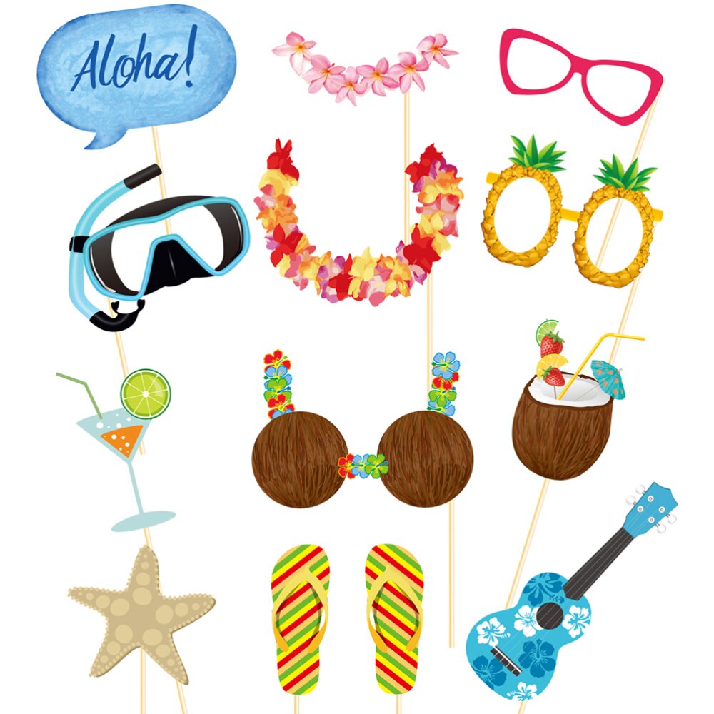 28pcs Hawaii Photo Booth Props Kit Beach Vacation Seaside Photobooth Dress-Up Accessories