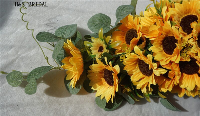 H&amp;S BRIDAL Sunflower Teardrop Wedding Bouquet Waterfall Bridal Flower Bouquet Lace handle Bruidsboeket bouquet de mariage