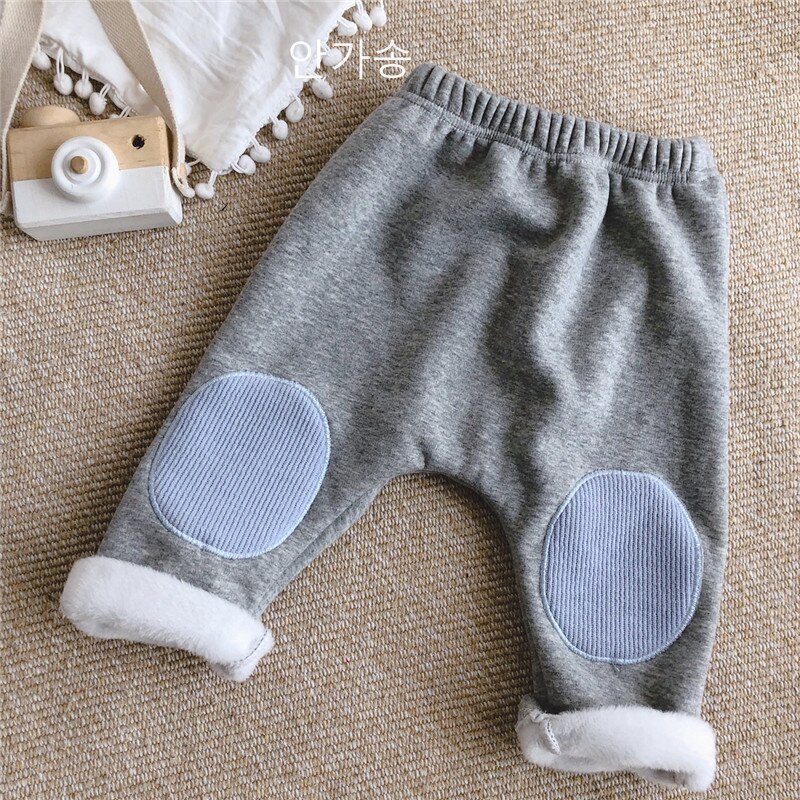 Bébé garçons filles genou Patch pantalon automne hiver Plus velours enfants pur coton Leggings solide enfant en bas âge Pp pantalon: gray / 12M