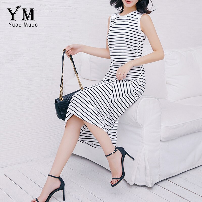 Yuoomuoo plus size lang sommer kvinder kjole hvid sort stribet afslappet maxi tank kjole a line strand kjole streetwear