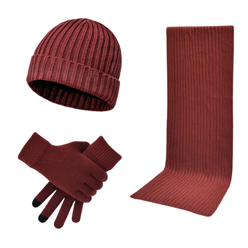 Esportes de inverno correndo quente malha cachecol gorro chapéu e luvas definir masculino macio elástico chapéu cachecol e luvas conjunto: Wine red