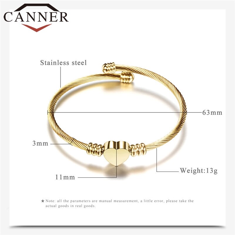 CANNER Adjustable Simple Stainless Steel Woven Heart Open Bangle Gold/Rose gold/ Silver Color Charm Babgles for Women Jewelry FO