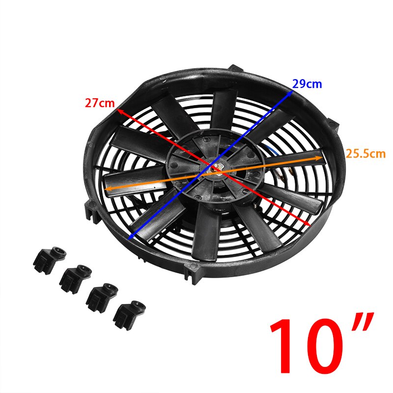 Ventilador de refrigeración electrónico para coche, Kit de refrigeración eléctrica Universal de 8/9/10/12/14 pulgadas, 12V, 80W, 2100RPM, hoja negra recta: 10 Inch