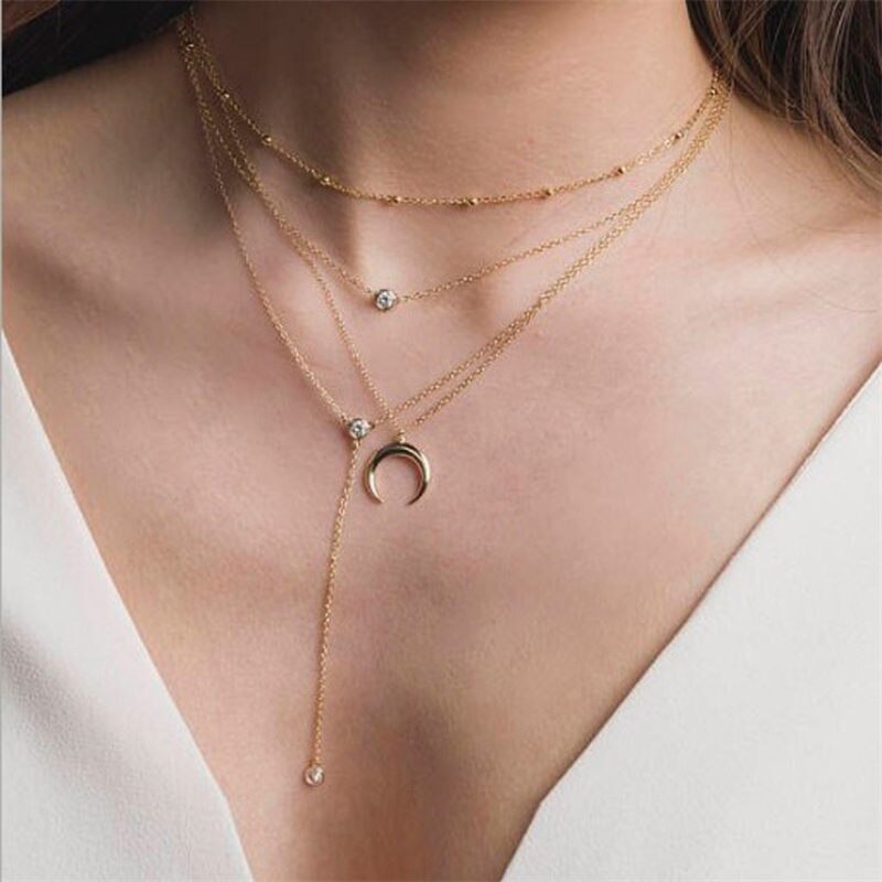 fuyo Crystal Bohemian Multi Layer Pendant Necklaces For Women Golden Geometric Charm Chains Necklace Jewelry Best: crystal moon