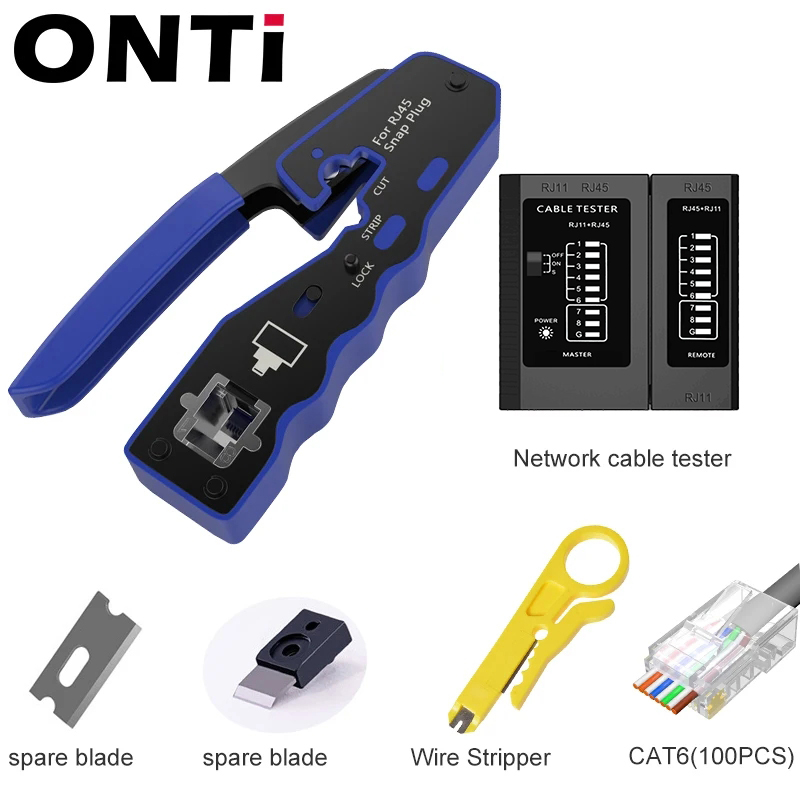 Connecteur ONTi RJ45 Cat7/6/6A/5E, outil de sertissage RJ45 passant à sertir avec lame de rechange dénudeur de câble Ethernet: Marron