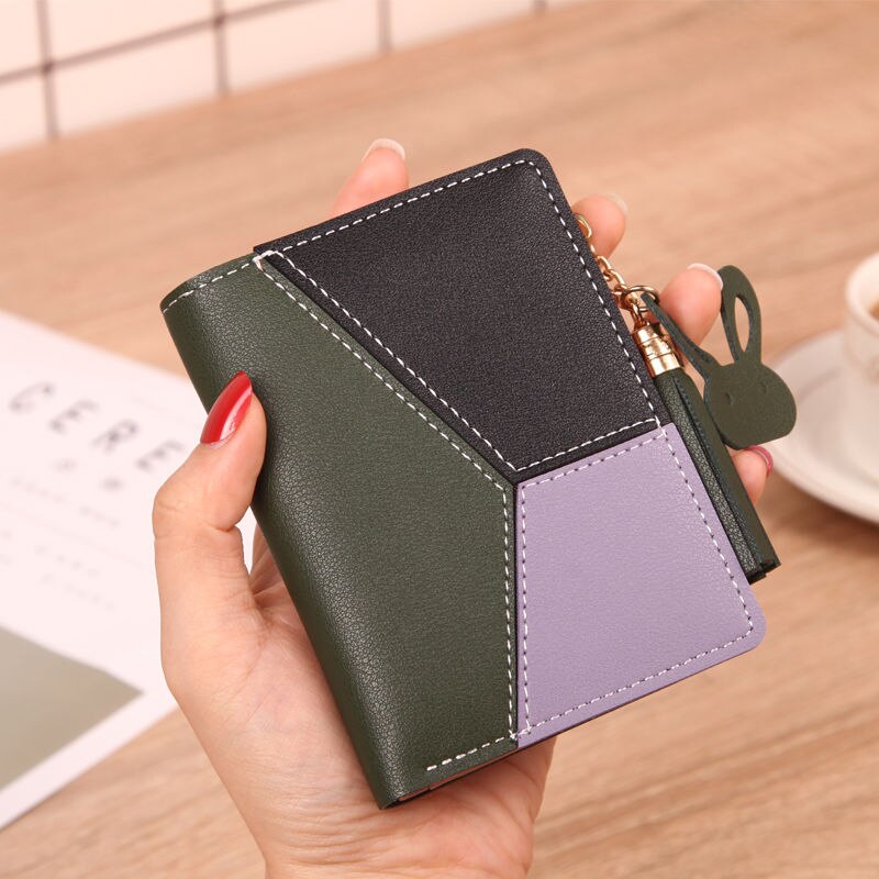 Geometric Tassel And Rabbit Decoration Leather Wallets Women Phone Pocket Purses Hasp Clutch Wallets