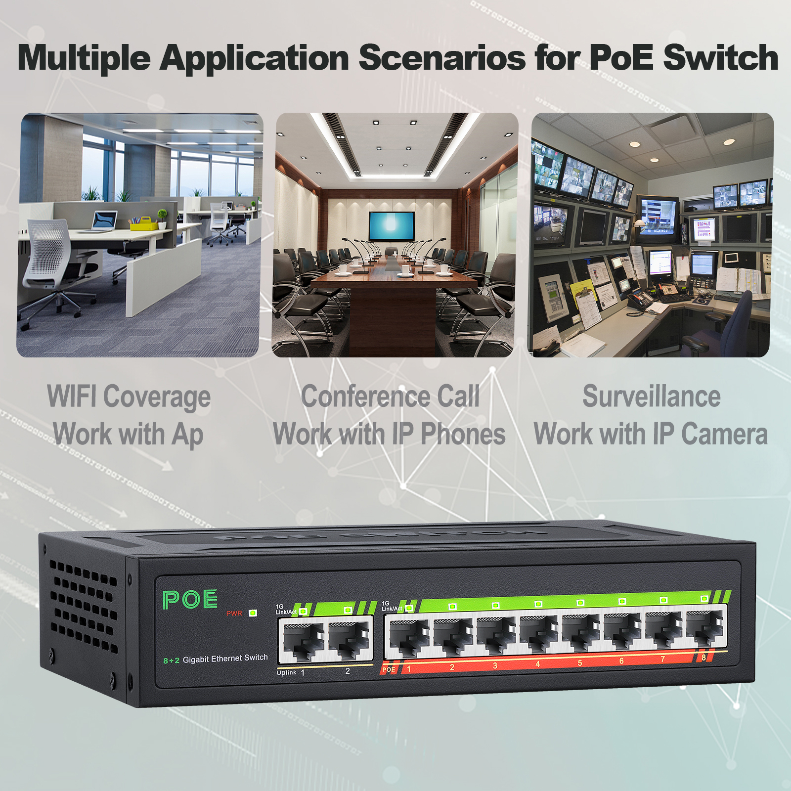 Switch Ethernet Gigabit de 10 Portas com POE, Switch de Rede 1000Mbps com Splitter Ethernet 802.3af/at para Roteador Wifi