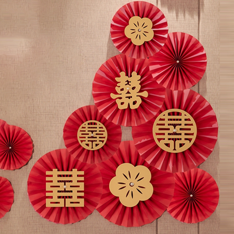 Decoración de boda china Fondo de matrimonio chino abanico de papel colgante adorno de pared abanico de papel rojo decoración de la habitación