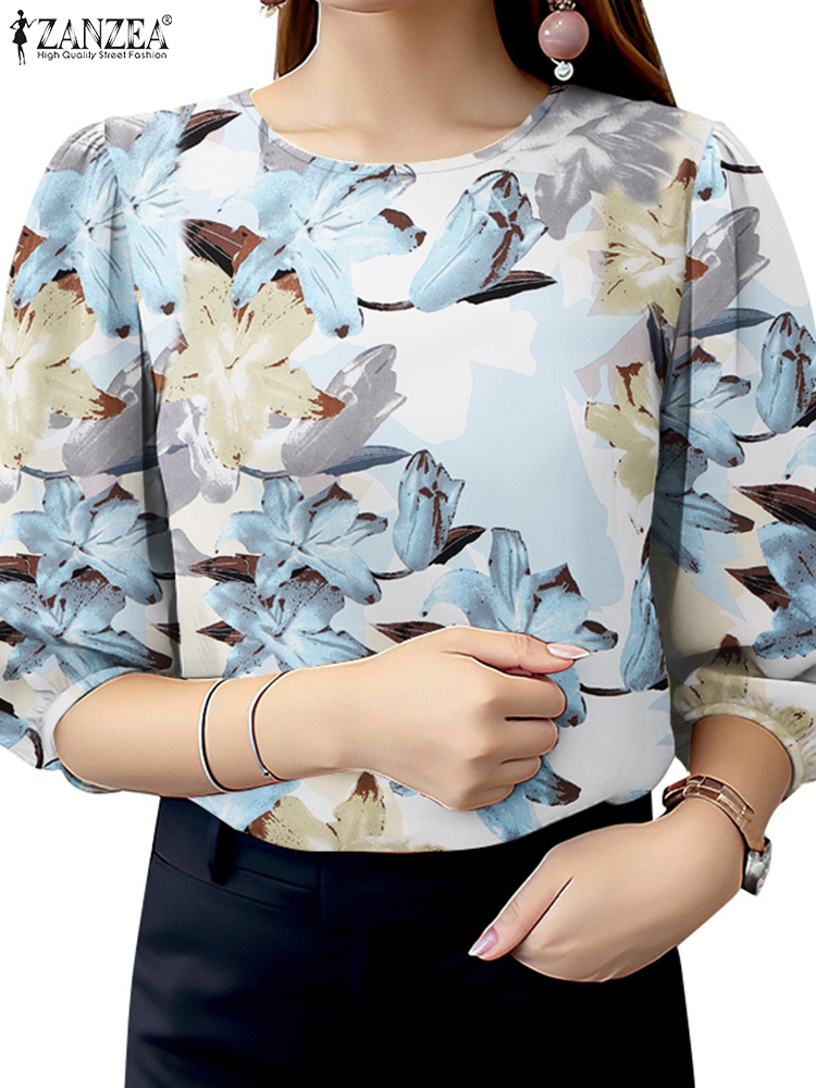 Sommer bohemsk bluse med 3/4 ermer for kvinner blomstertrykk strandtopper zanzea stilig skjorte avslappet o-hals arbeidsbluse