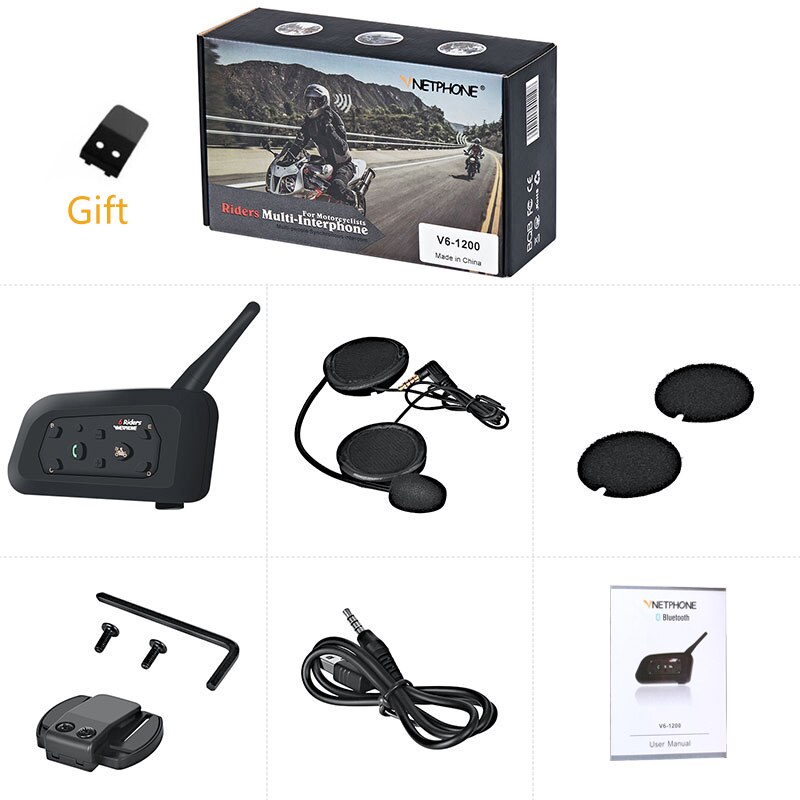 Vnetphone  v6 bt interphone 1200m motorcykel bluetooth hjälm intercom intercomunicador moto interfones headset för 6 ryttare