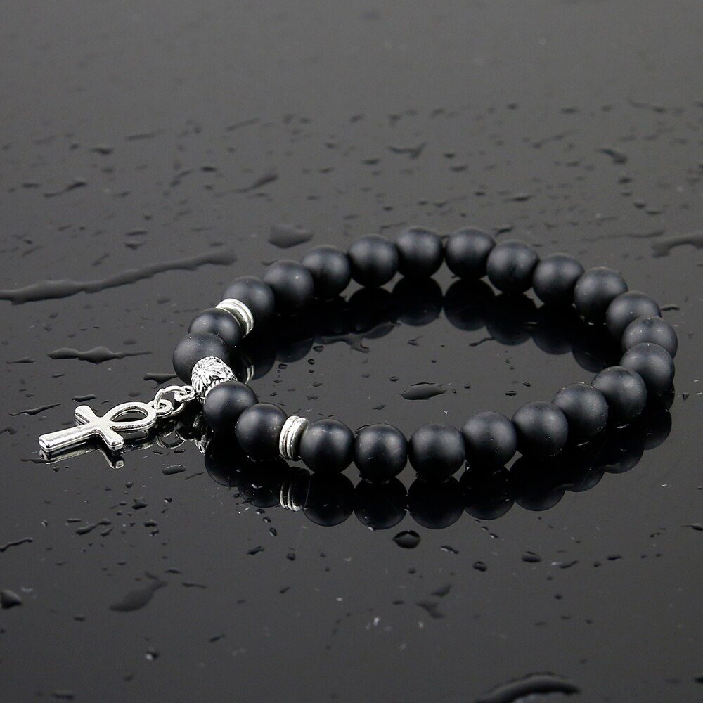 Ägyptischen Ankh Kreuz Natürliche Onyx Stein Armband Frau, Schmuck Frauen Männer Ägypten Hieroglyphen, Crux Ansata Amulett
