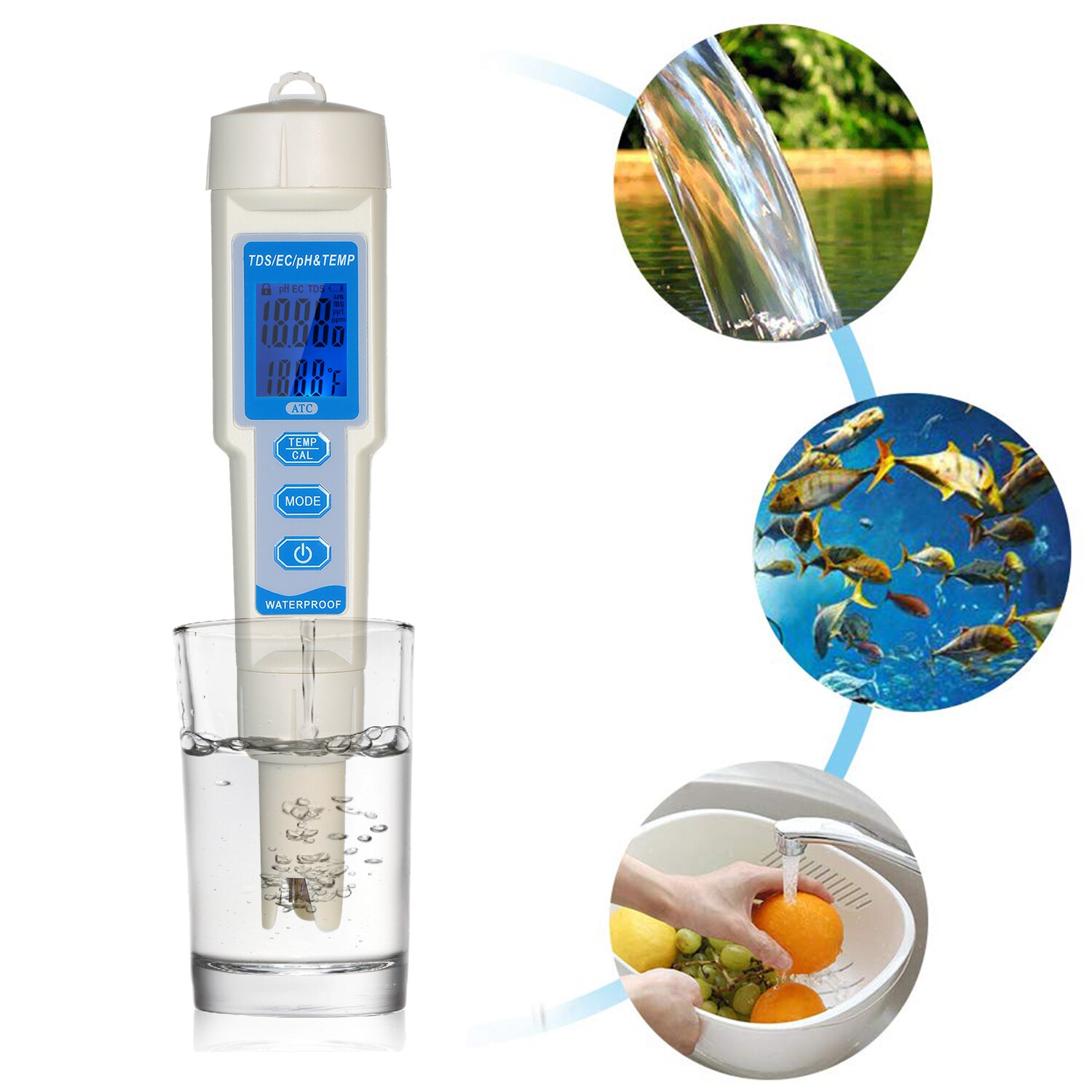 4-in-1 Water Tester Pen Waterproof Water Analysis Instrument PH/EC/TDS & Temperature Meter PH Meter TDS Meter