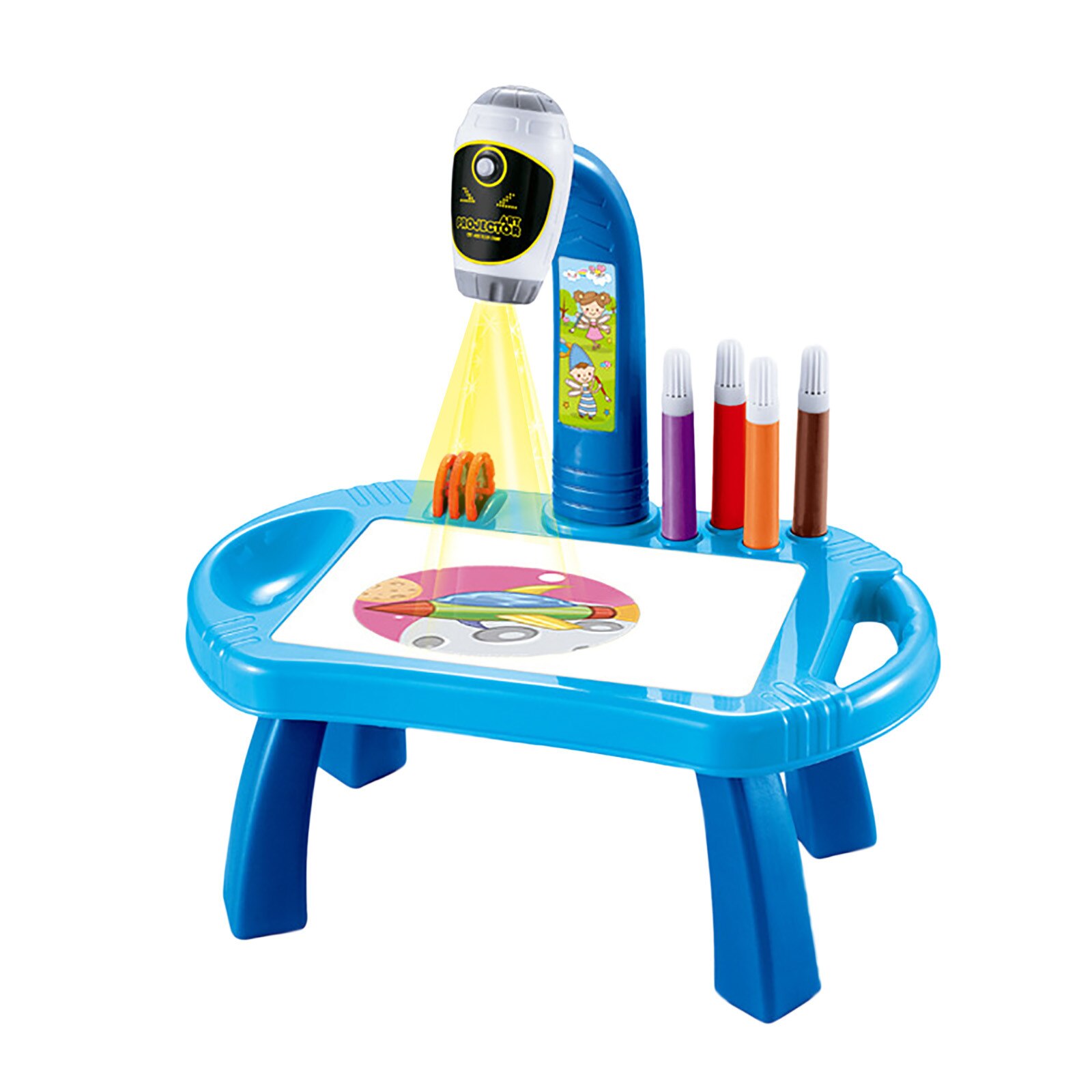 Kids Graffiti Drawing Toys Child Smart Projector Desk With Light & Music Learning Painting Machine Toy Drawing Board Machine: Blue