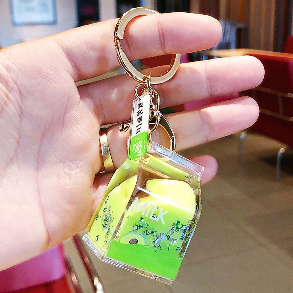 Acrylic Dairy Cow Milk Drinks Keychain Fruit Milk Moving Liquid Keyrings Decompression Drift Bottle Jewelry Kids: avocado