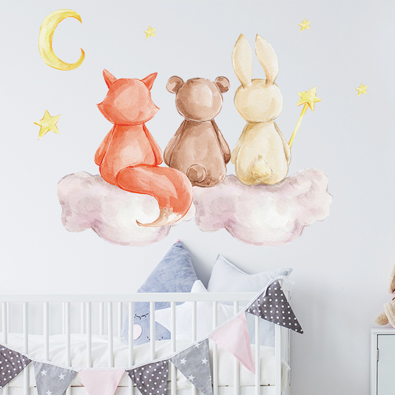 Uroczy niedźwiadek animowany Bunny naklejki na ścianę gwiazda księżyc na pokoje dla dzieci pokój dziecięcy tapeta z dekorem dziewczyny chłopcy sypialnia przedszkole naklejka