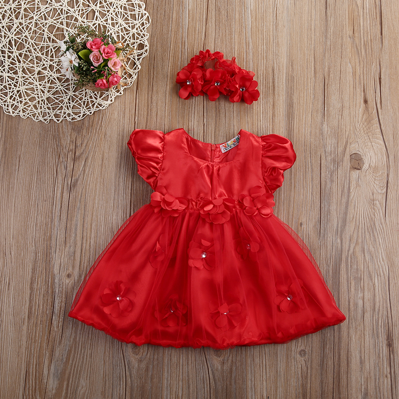 Baby piger røde blomster kjoler mesh tyl kort ærme kjole bryllupsfest prinsesse kjole pandebånd outfit sommer sommer tøj: 6m