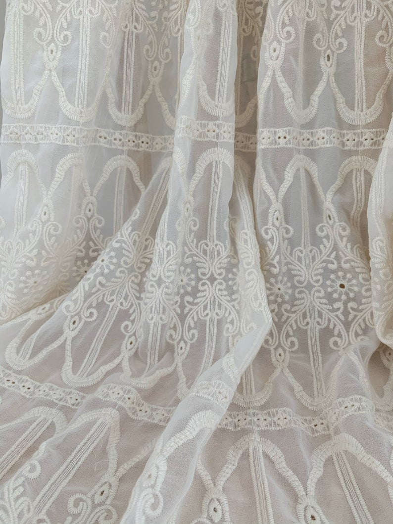 1 yard embroidered chiffon lace fabric, chiffon fabric with beige embroidery
