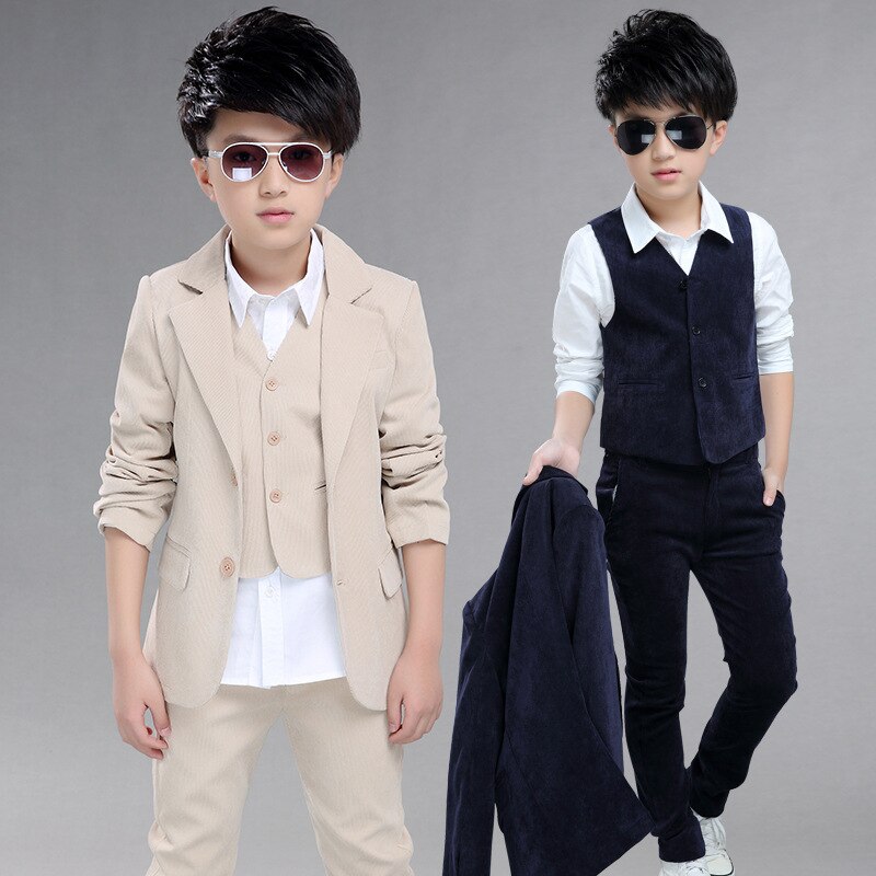 Formal cotton Children costume for boy Blue/Khaki Formal boys suits for weddings Autumn Plaid Clothing Sets Wedding Wear 5-12Y