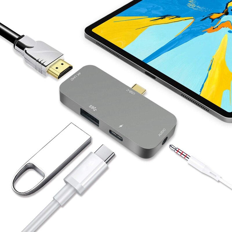 Mini usb hub för ipad pro  - 4 in 1 usb c hub med pd laddning ,3.5mm hörlursuttag , 4k hdmi, usb 3.0 för pro  /2