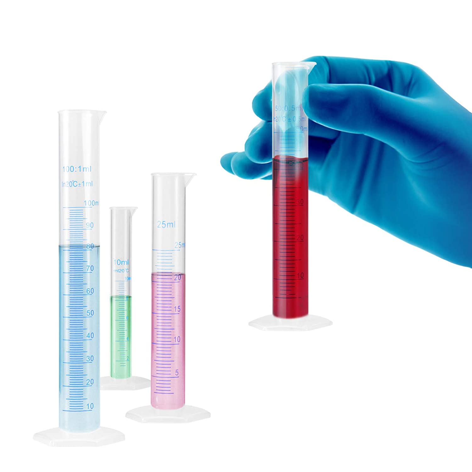 Glass/Plastic Graduated Measuring Cylinder Set 5ml 10ml 25ml 50ml 100ml Glass/Plastic with One Brush