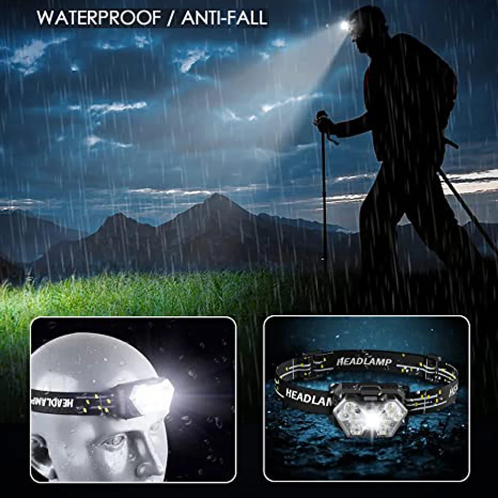 Linterna frontal de 9 luces Led potente, recargable por USB, con Sensor de movimiento, portátil, para pesca, Camping, exterior, linterna de trabajo
