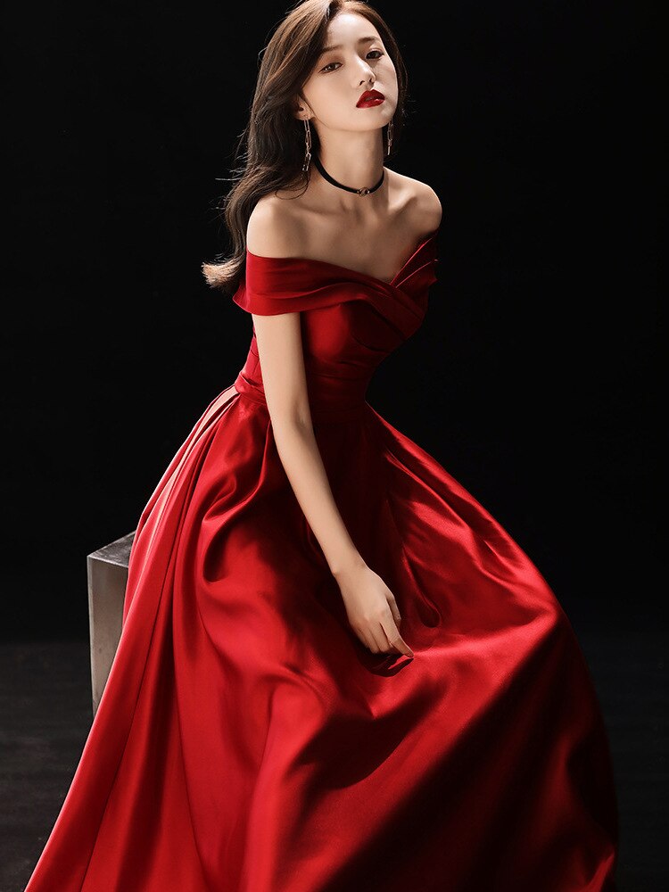 Vestido largo de noche para mujer, prenda con hombros al descubierto, temperamento Noble, talla grande, vino tinto, tostado, novia, Reunión Anual